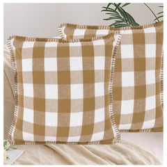 Pack of 2 Cotton Checkered Cushion Cover With Blanket Stitch (Beige, Size: 24x24 In)