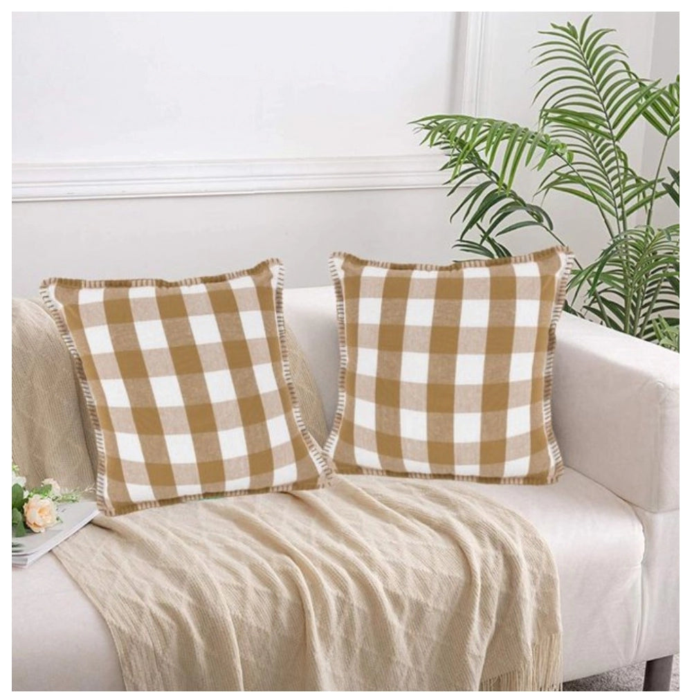 Pack of 2 Cotton Checkered Cushion Cover With Blanket Stitch (Beige, Size: 24x24 In)