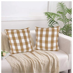 Pack of 2 Cotton Checkered Cushion Cover With Blanket Stitch (Beige, Size: 24x24 In)