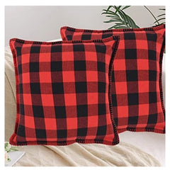 Pack of 2 Cotton Checkered Cushion Cover With Blanket Stitch (Red &amp; Black, Size: 24x24 In)