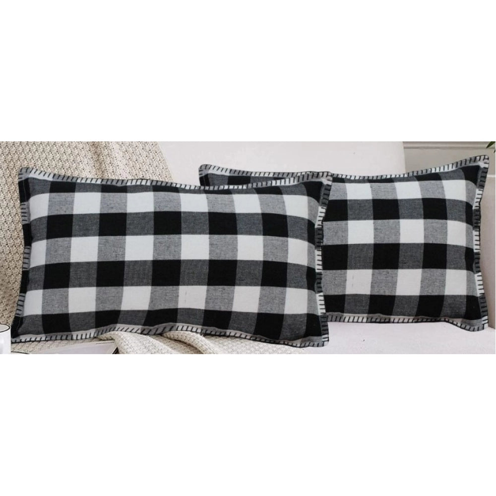 Pack of 2 Cotton Checkered Cushion Cover With Blanket Stitch (Black, Size: 12x20 In)