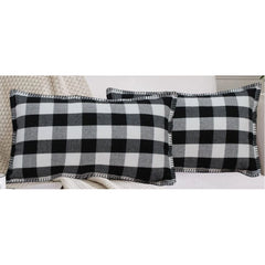 Pack of 2 Cotton Checkered Cushion Cover With Blanket Stitch (Black, Size: 12x20 In)