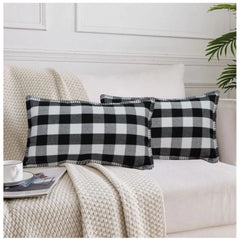 Pack of 2 Cotton Checkered Cushion Cover With Blanket Stitch (Black, Size: 12x20 In)