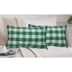 Pack of 2 Cotton Checkered Cushion Cover With Blanket Stitch (Green, Size: 12x20 In)