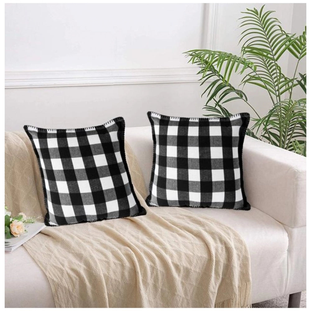 Pack of 2 Cotton Checkered Cushion Cover With Blanket Stitch (Black &amp; White, Size: 18x18 In)