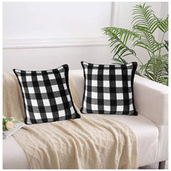 Pack of 2 Cotton Checkered Cushion Cover With Blanket Stitch (Black &amp; White, Size: 18x18 In)