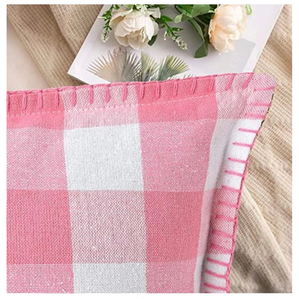 Pack of 2 Cotton Checkered Cushion Cover With Blanket Stitch (Baby Pink, Size: 16x16 In)