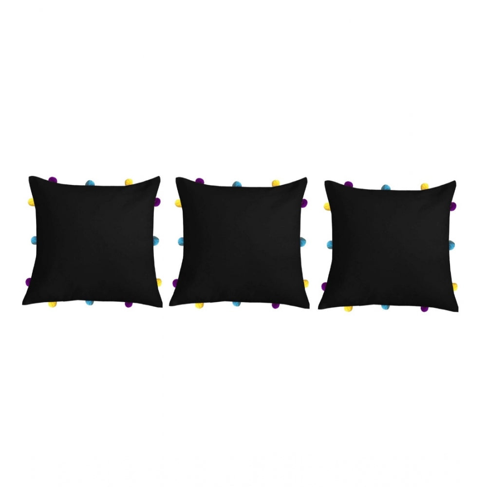 Cotton Solid Pom Pom Cushion Covers (Black, Size: 12x12 In)