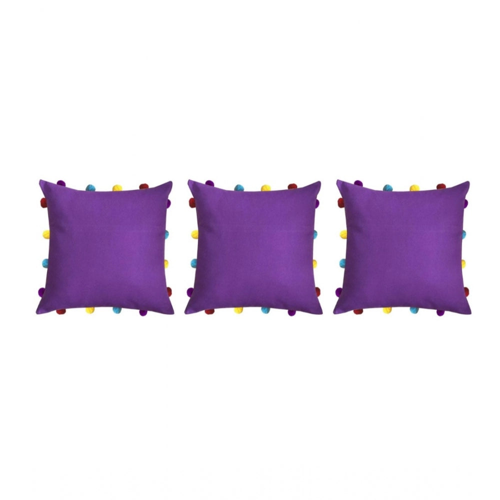 Cotton Solid Pom Pom Cushion Covers (Dark Purple, Size: 14x14 In)