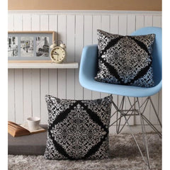 Pack of 2 Cotton Printed Cushion Cover Sets (Black, Size: 16x16 In)