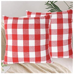 Pack of 4 Cotton Checkered Cushion Cover With Pom Pom (Red, Size: 20x20 In)