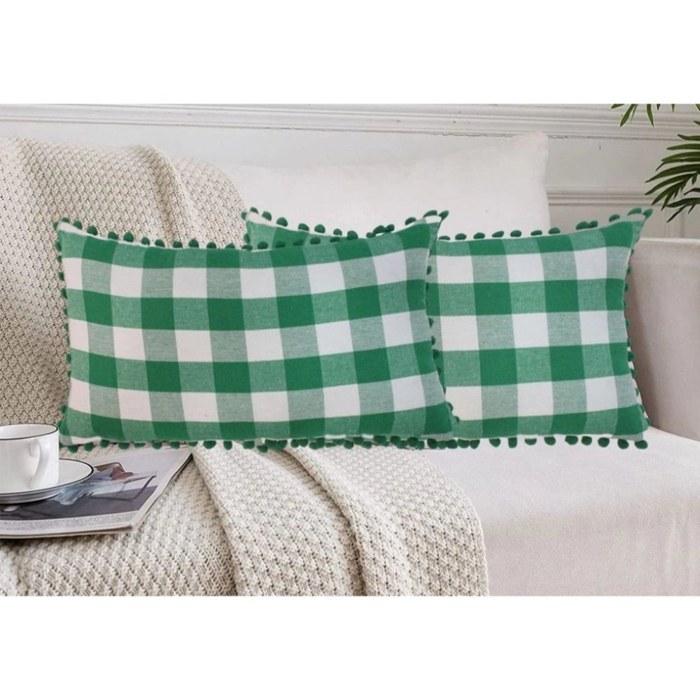 Pack of 2 Cotton Checkered Cushion Cover With Pom Pom (Green, Size: 12x20 In)