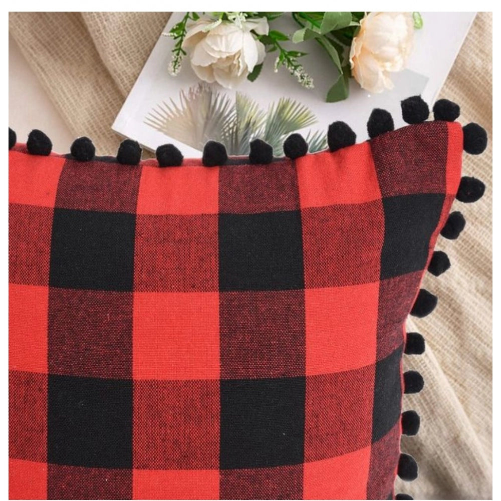 Pack of 2 Cotton Checkered Cushion Cover With Pom Pom (Red &amp; Black, Size: 18x18 In)