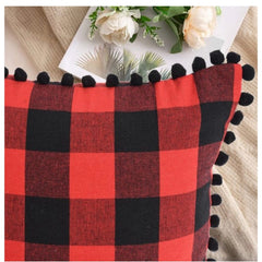 Pack of 2 Cotton Checkered Cushion Cover With Pom Pom (Red &amp; Black, Size: 18x18 In)