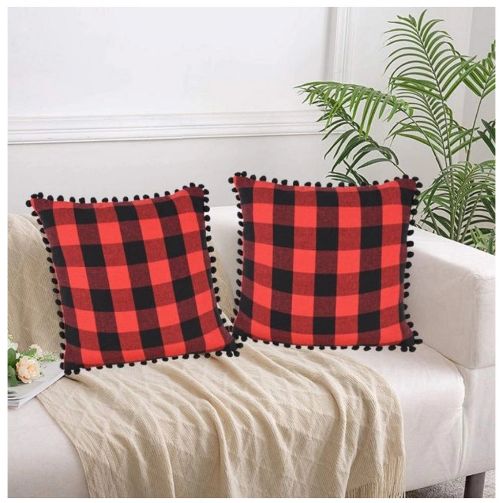 Pack of 2 Cotton Checkered Cushion Cover With Pom Pom (Red &amp; Black, Size: 18x18 In)