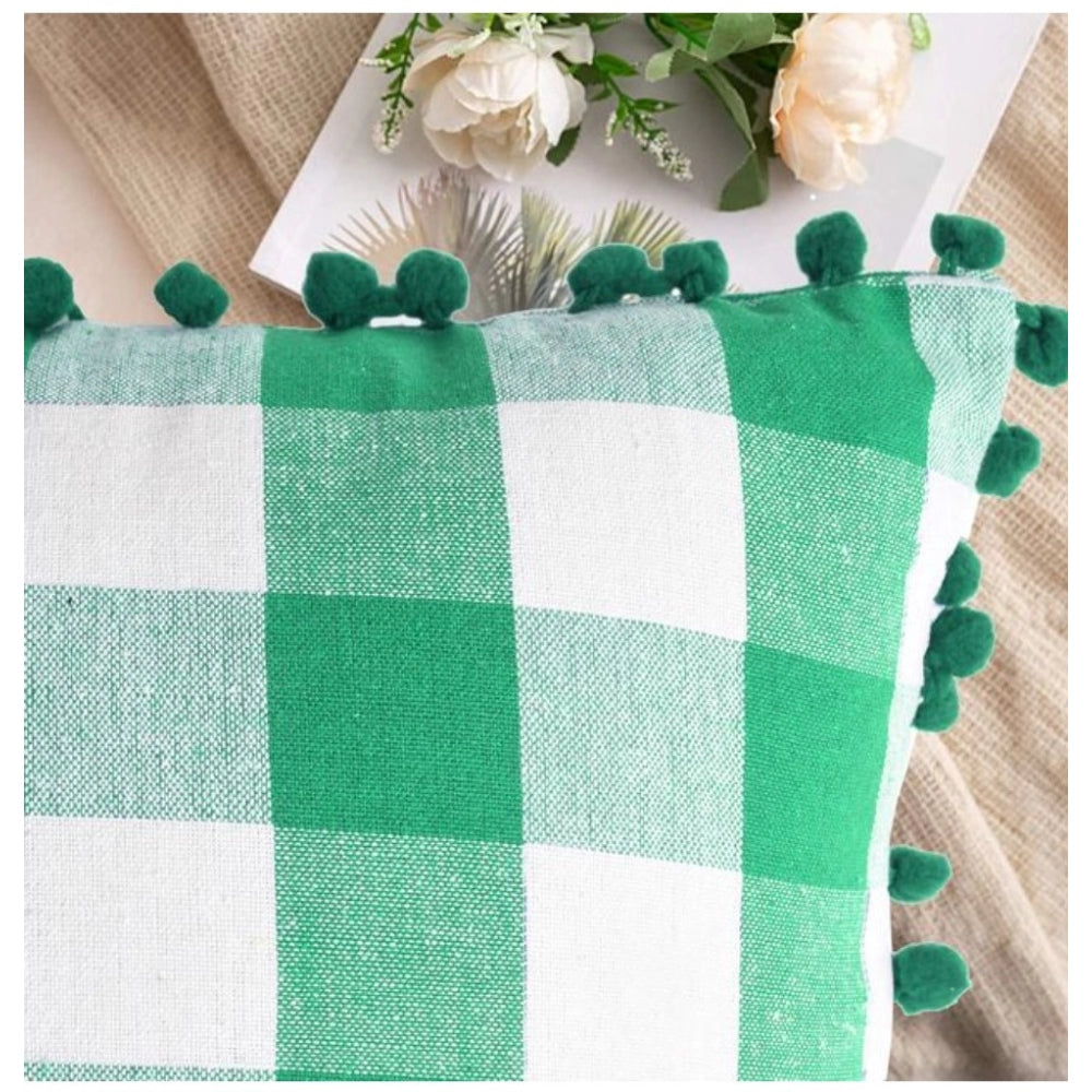 Pack of 2 Cotton Checkered Cushion Cover With Pom Pom (Green, Size: 18x18 In)