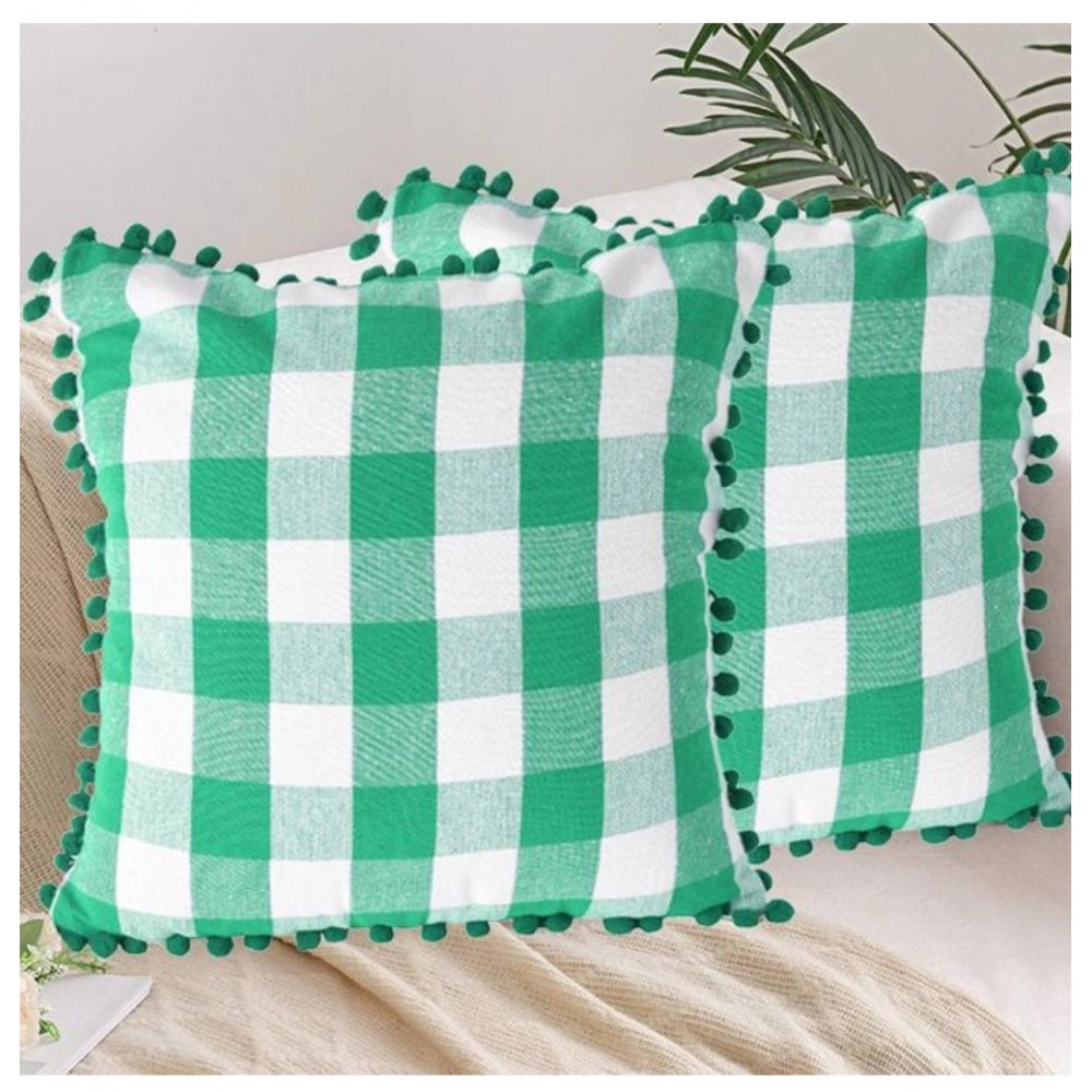 Pack of 2 Cotton Checkered Cushion Cover With Pom Pom (Green, Size: 18x18 In)