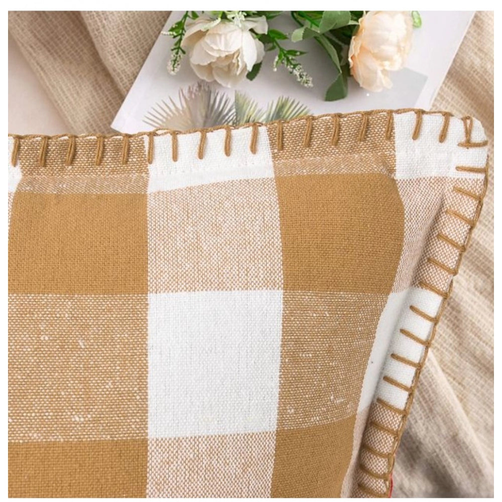 Pack of 2 Cotton Checkered Cushion Cover With Blanket Stitch (Beige, Size: 24x24 In)