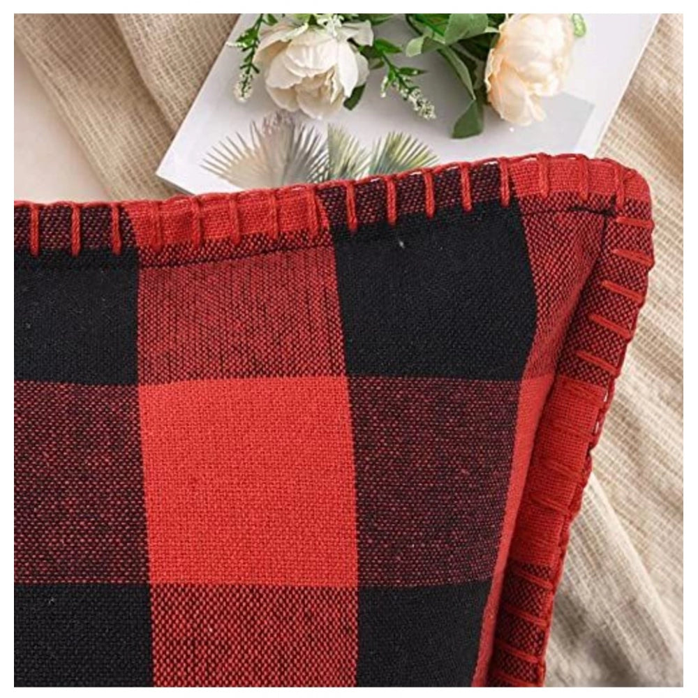 Pack of 2 Cotton Checkered Cushion Cover With Blanket Stitch (Red &amp; Black, Size: 24x24 In)