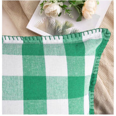 Pack of 2 Cotton Checkered Cushion Cover With Blanket Stitch (Green, Size: 12x20 In)