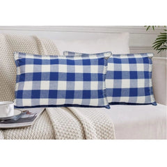 Pack of 2 Cotton Checkered Cushion Cover With Blanket Stitch (Blue, Size: 12x20 In)