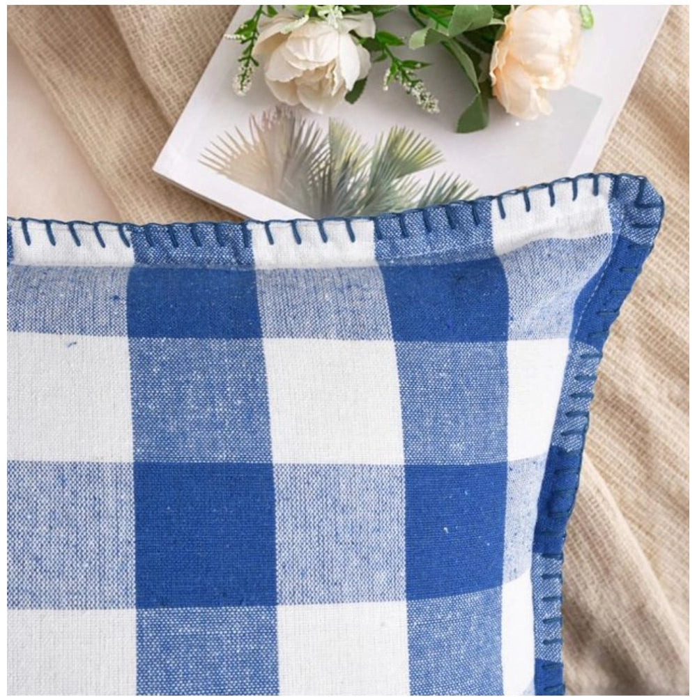 Pack of 2 Cotton Checkered Cushion Cover With Blanket Stitch (Blue, Size: 12x20 In)