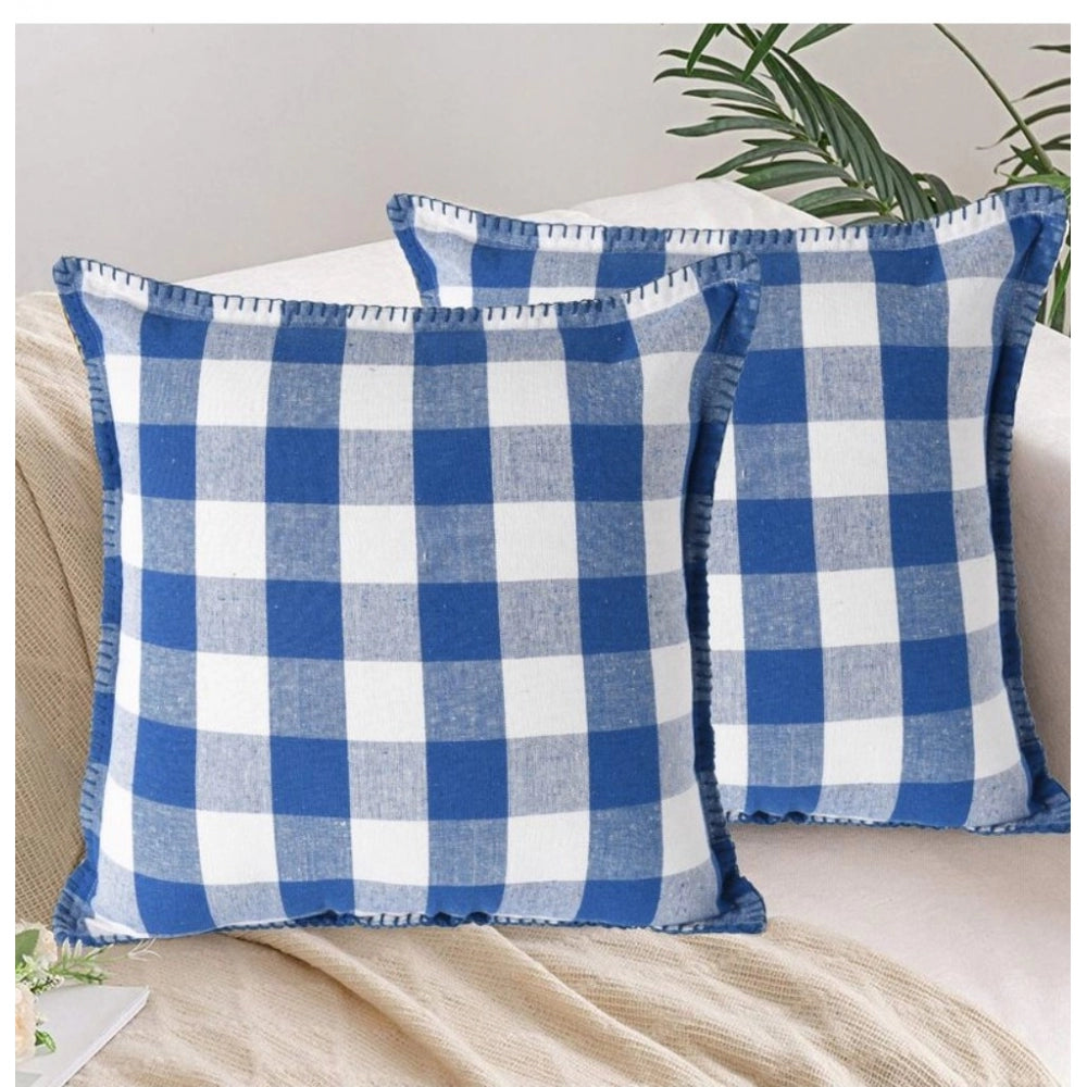 Pack of 2 Cotton Checkered Cushion Cover With Blanket Stitch (Blue, Size: 18x18 In)