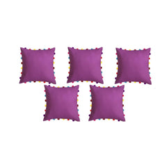 Cotton Solid Pom Pom Cushion Covers (Purple, Size: 18x18 In)