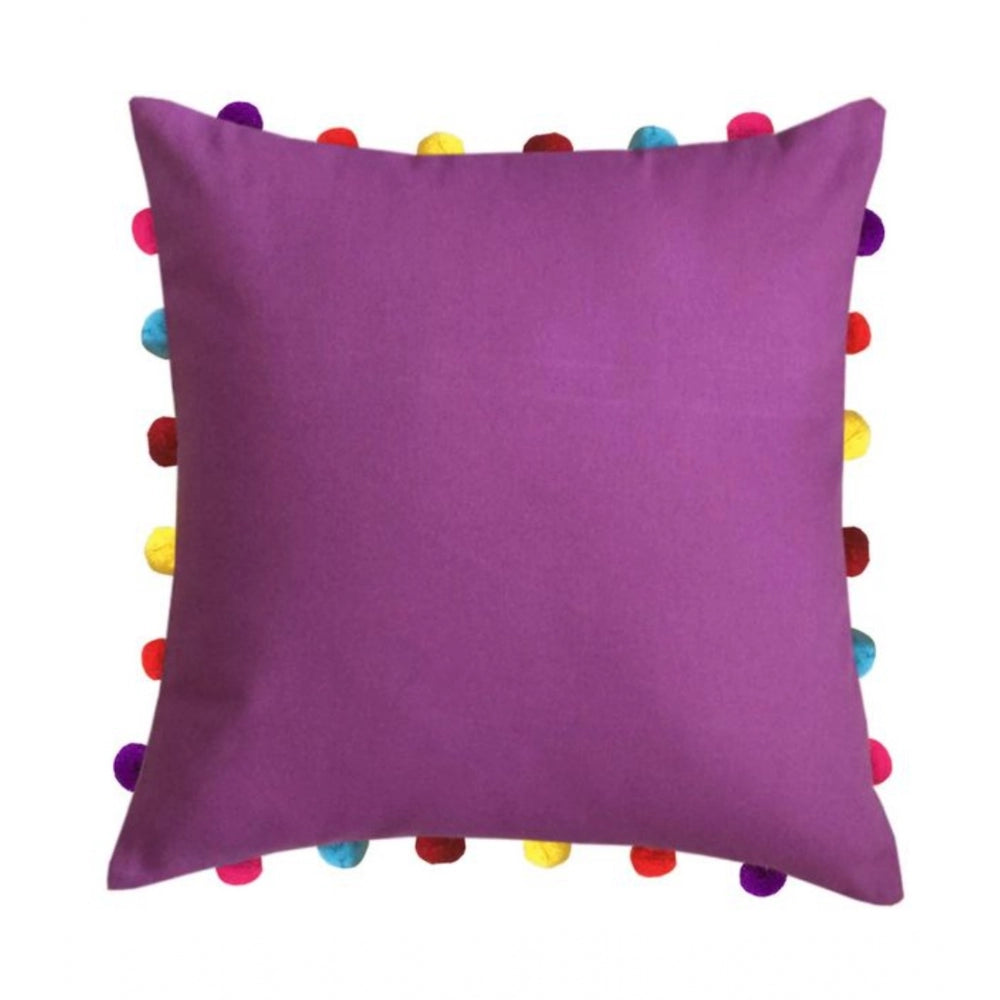 Cotton Solid Pom Pom Cushion Covers (Purple, Size: 18x18 In)