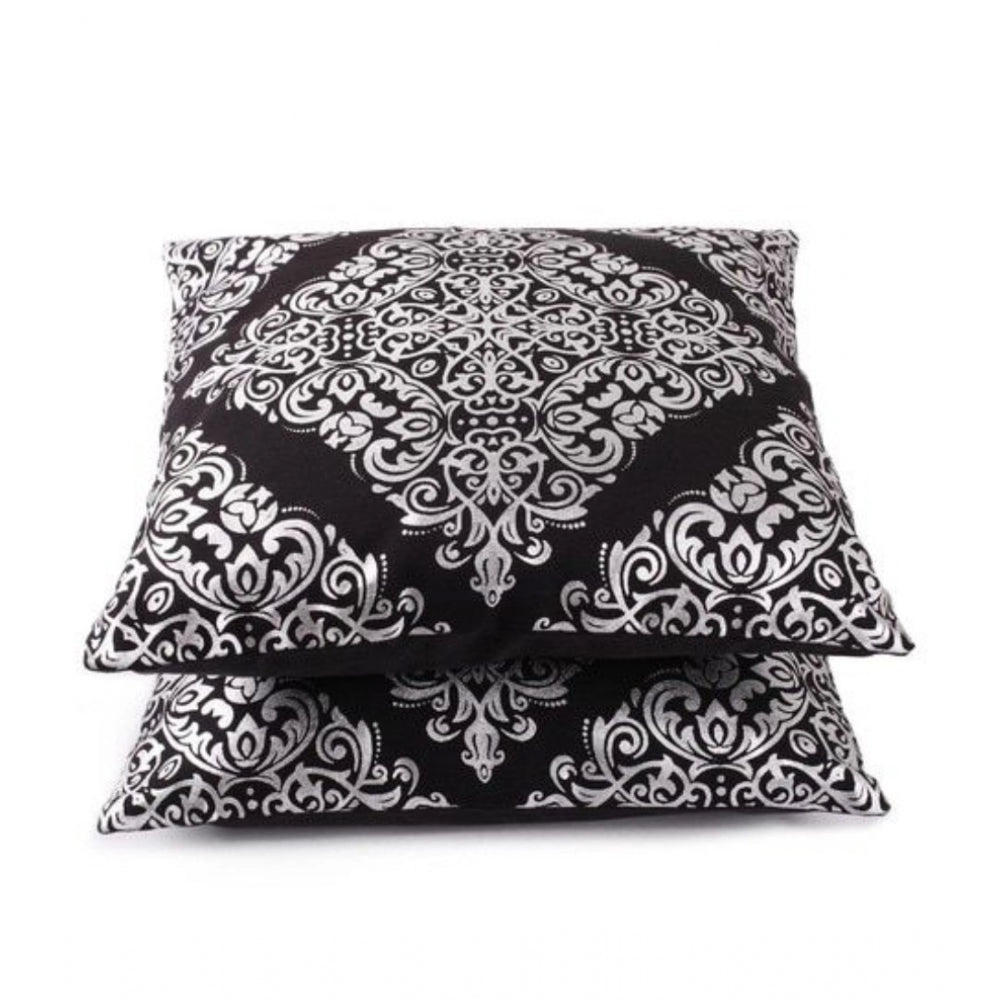 Pack of 2 Cotton Printed Cushion Cover Sets (Black, Size: 16x16 In)