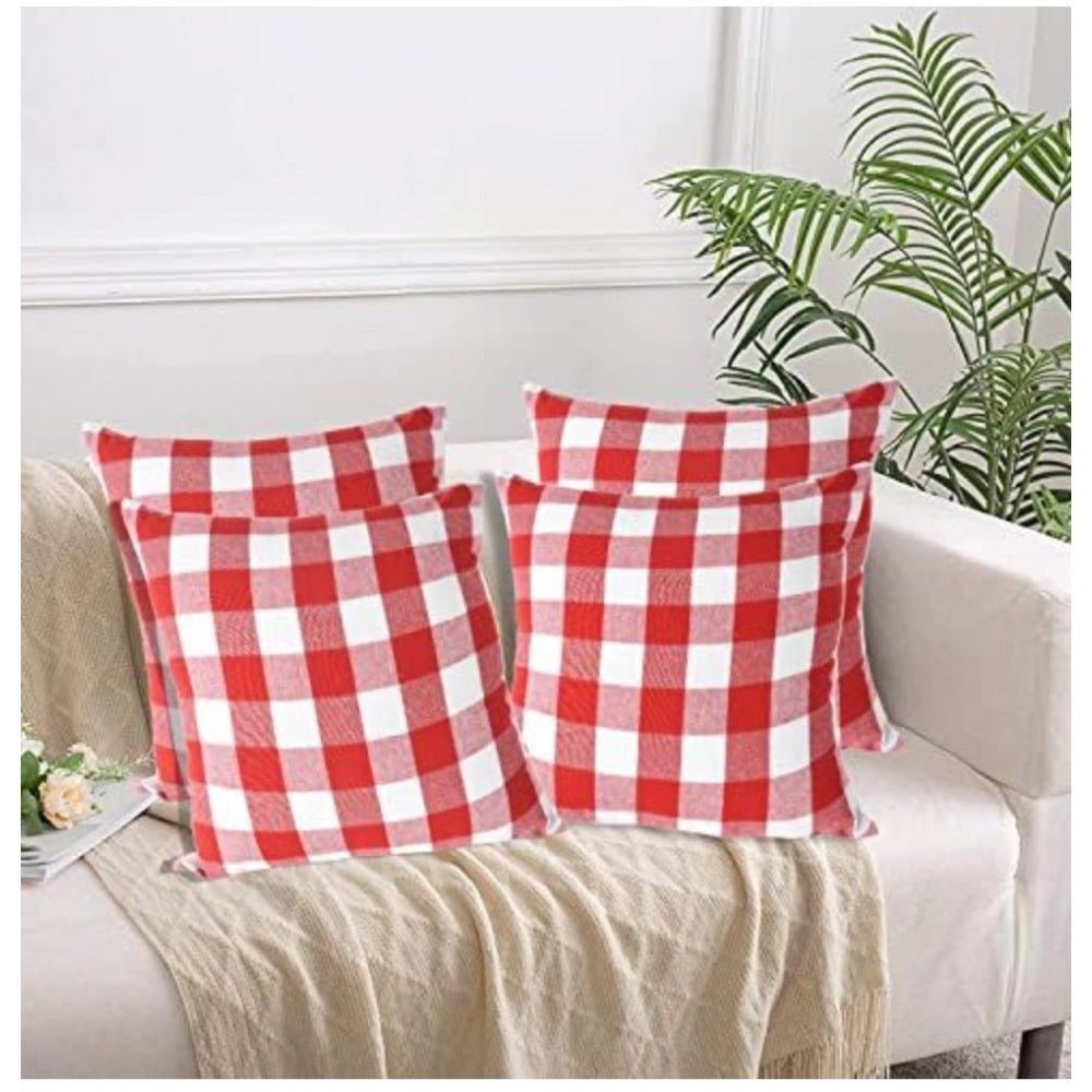 Pack of 4 Cotton Checkered Cushion Cover With Pom Pom (Red, Size: 20x20 In)