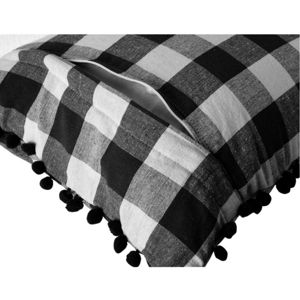 Pack of 2 Cotton Checkered Cushion Cover With Pom Pom (Black, Size: 18x18 In)