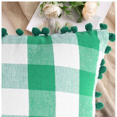 Pack of 2 Cotton Checkered Cushion Cover With Pom Pom (Green, Size: 12x20 In)