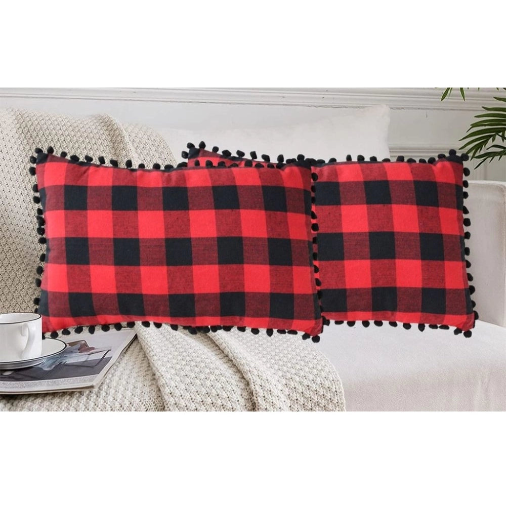 Pack of 2 Cotton Checkered Cushion Cover With Pom Pom (Red &amp; Black, Size: 12x20 In)