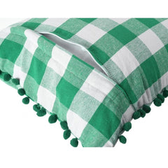 Pack of 2 Cotton Checkered Cushion Cover With Pom Pom (Green, Size: 18x18 In)