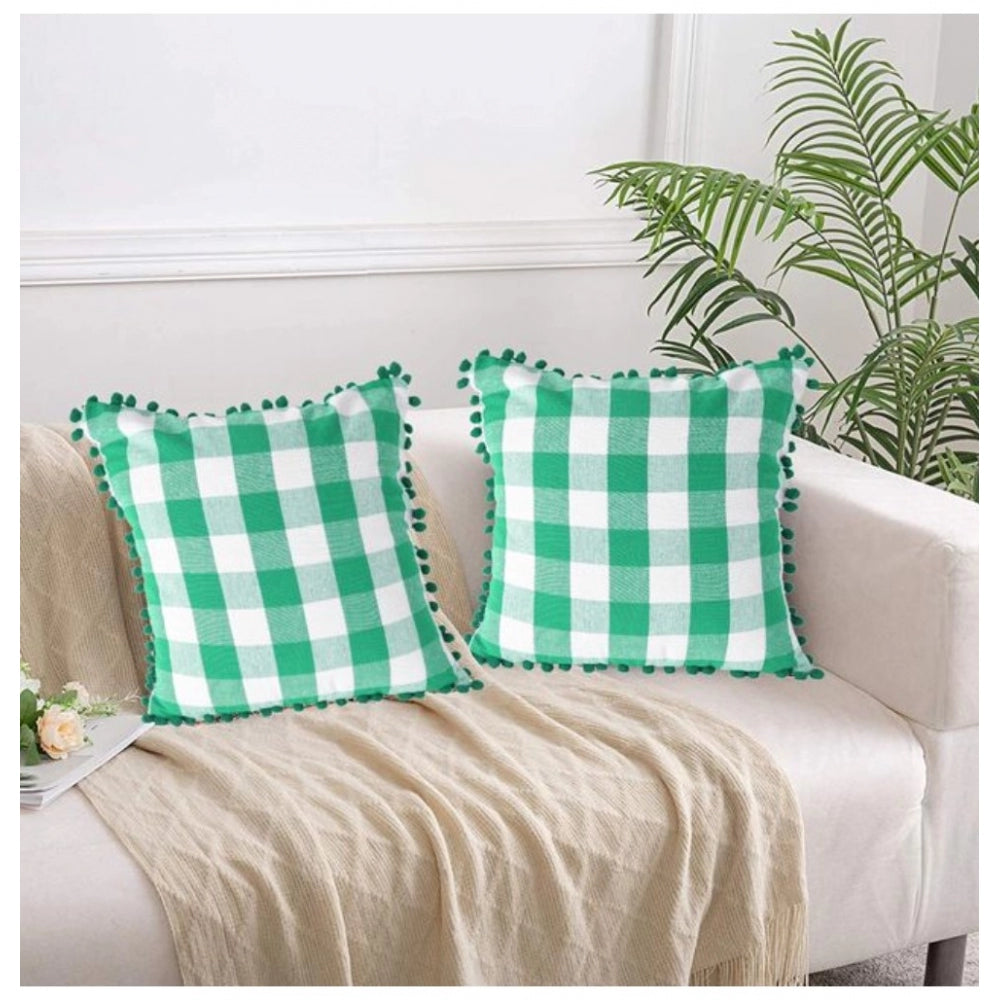 Pack of 2 Cotton Checkered Cushion Cover With Pom Pom (Green, Size: 18x18 In)