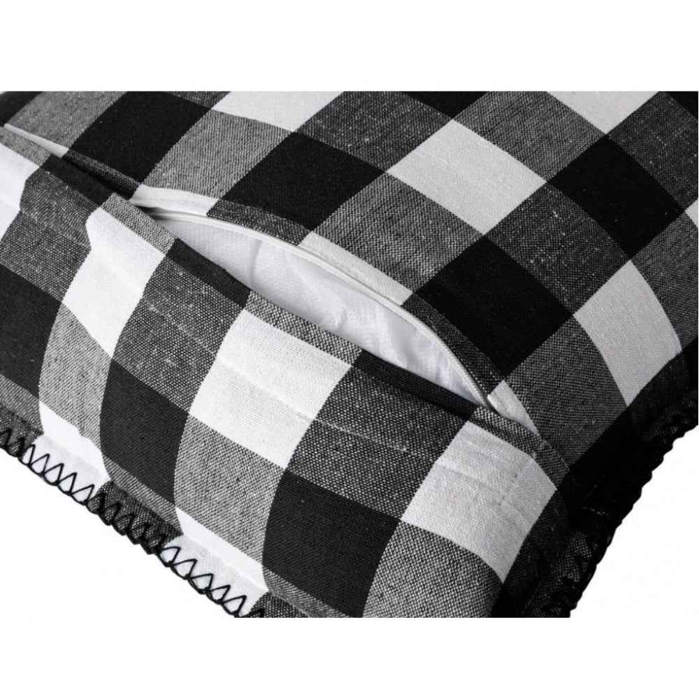 Pack of 2 Cotton Checkered Cushion Cover With Blanket Stitch (Black, Size: 12x20 In)