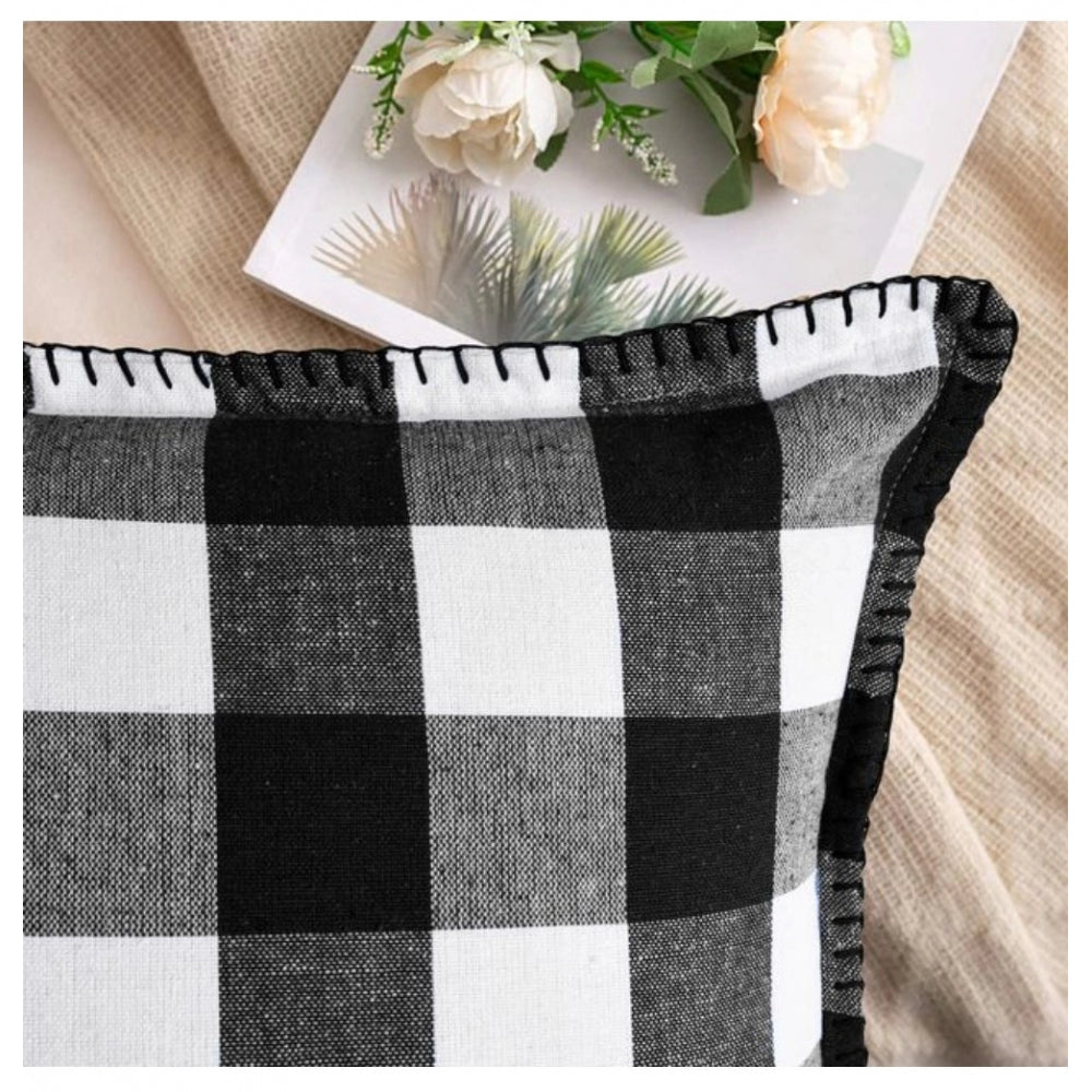 Pack of 2 Cotton Checkered Cushion Cover With Blanket Stitch (Black, Size: 12x20 In)