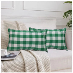 Pack of 2 Cotton Checkered Cushion Cover With Blanket Stitch (Green, Size: 12x20 In)