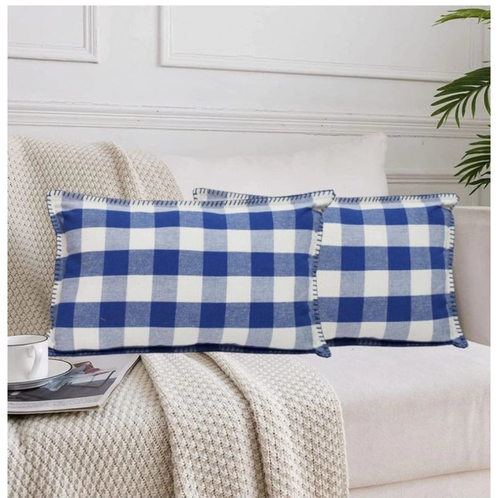 Pack of 2 Cotton Checkered Cushion Cover With Blanket Stitch (Blue, Size: 12x20 In)