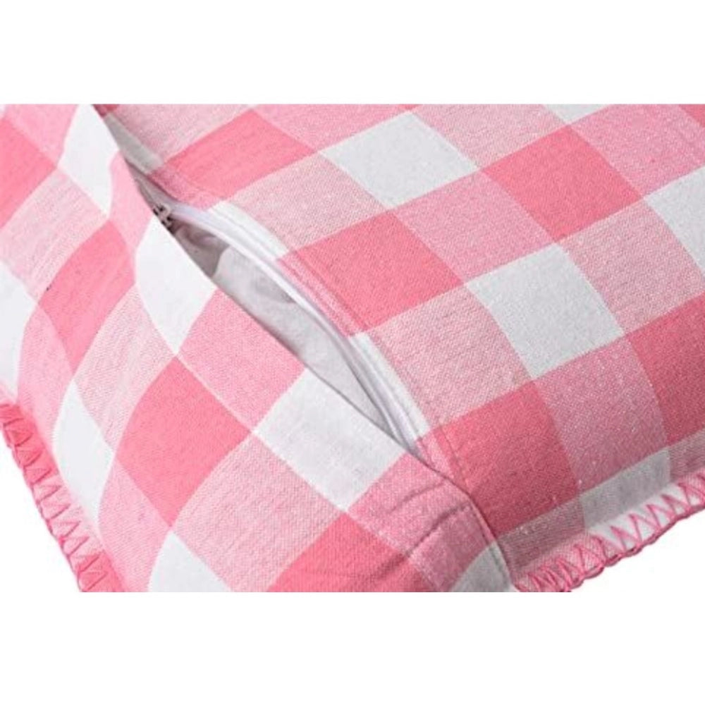 Pack of 2 Cotton Checkered Cushion Cover With Blanket Stitch (Baby Pink, Size: 16x16 In)