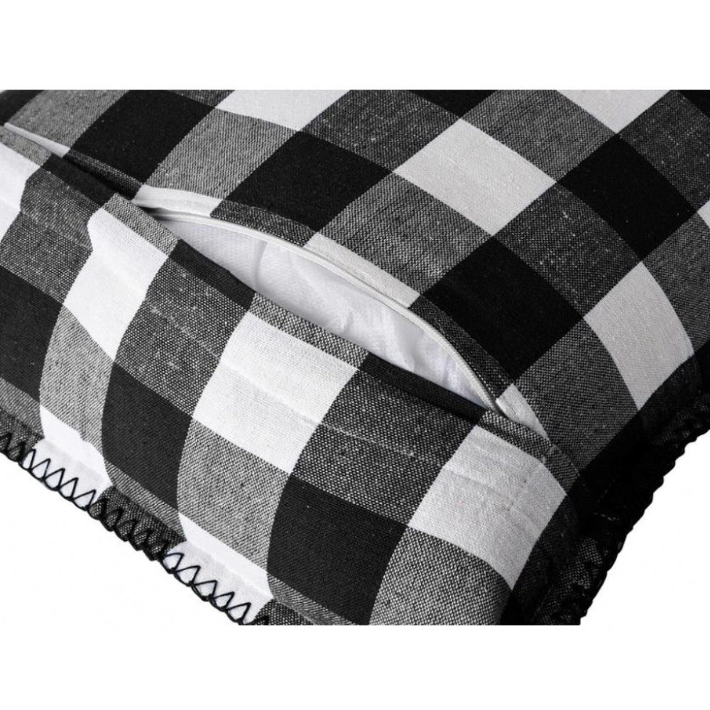 Pack of 2 Cotton Checkered Cushion Cover With Blanket Stitch (Black &amp; White, Size: 18x18 In)