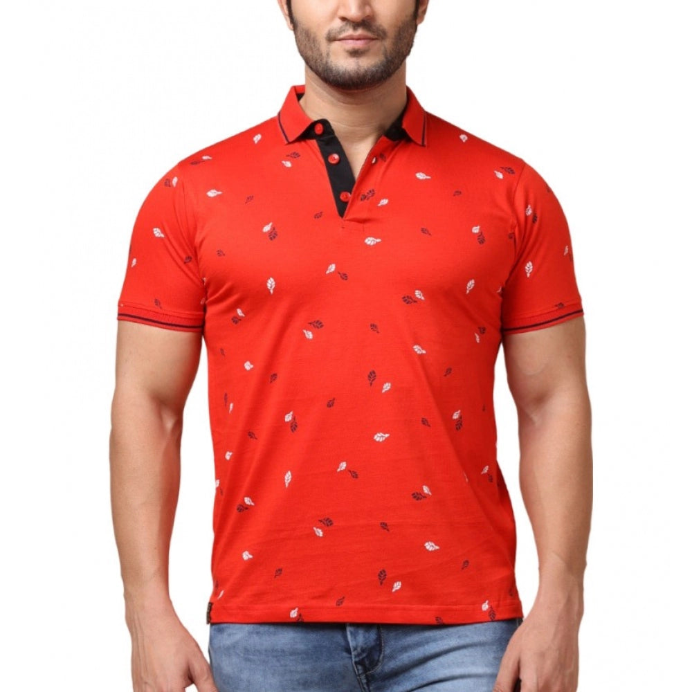 Men's Casual Cotton Printed Polo Neck Half Sleeve T-Shirt (Red)