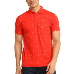 Men's Casual Cotton Printed Polo Neck Half Sleeve T-Shirt (Red)