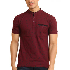 Men's Casual Cotton Printed Mandarin Collar Half Sleeve T-Shirt (Plum)