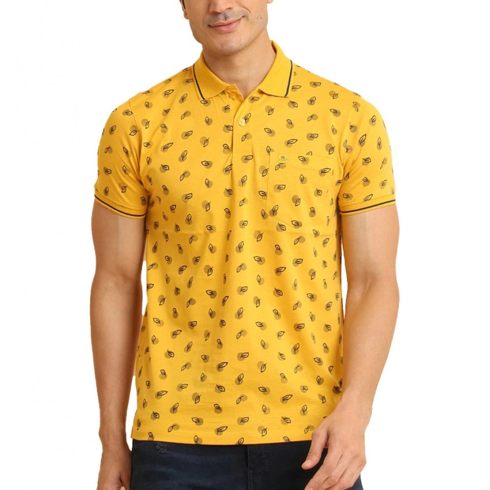 Men's Casual Cotton Printed Polo Neck Half Sleeve T-Shirt (Mustard)