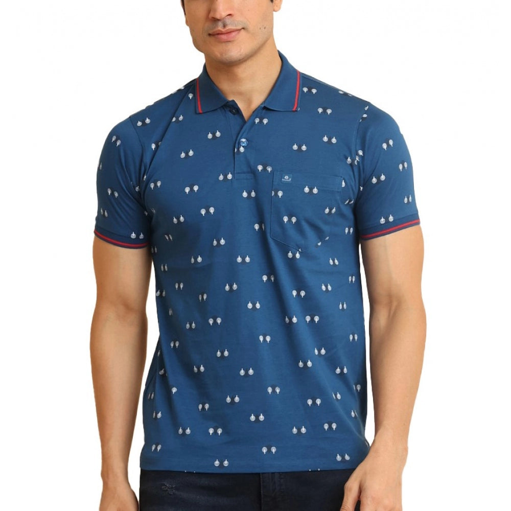 Men's Casual Cotton Printed Polo Neck Half Sleeve T-Shirt (Blue)