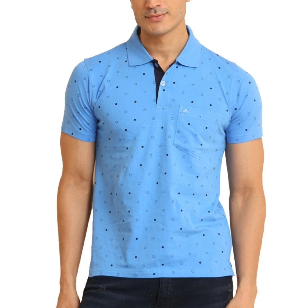 Men's Casual Cotton Printed Polo Neck Half Sleeve T-Shirt (Blue)