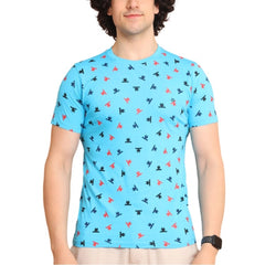 Men's Casual Cotton Printed Round Neck Half Sleeve T-Shirt (Skyblue)