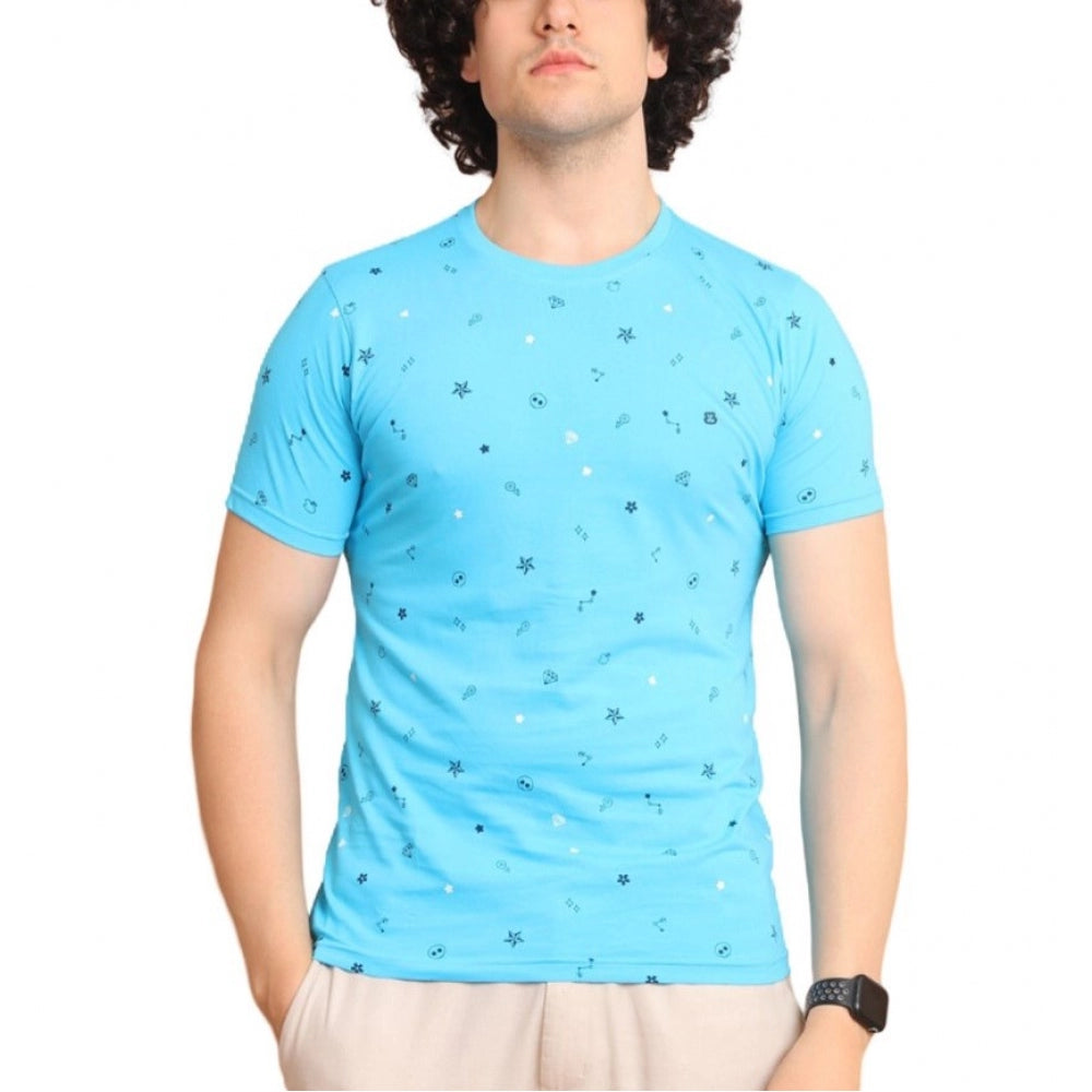 Men's Casual Cotton Printed Round Neck Half Sleeve T-Shirt (Skyblue)